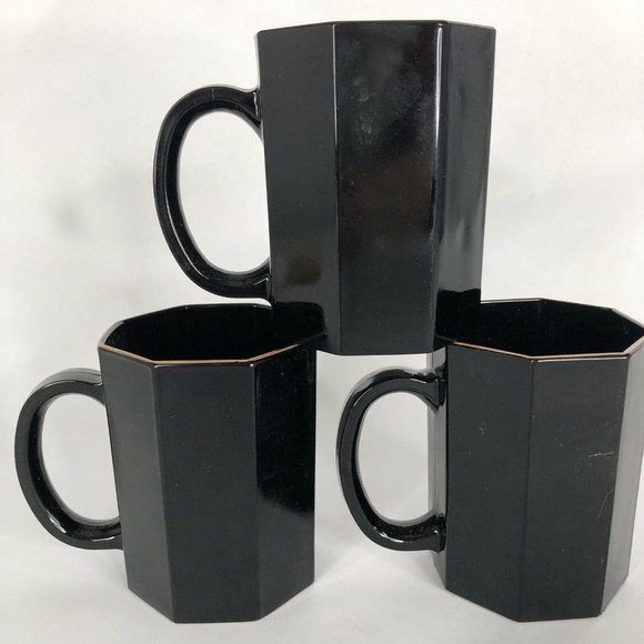 3 Arcoroc Black Shanghai Mugs Gold Trim Octime Octagon Made France Coffee Cups - Picture 3 of 6